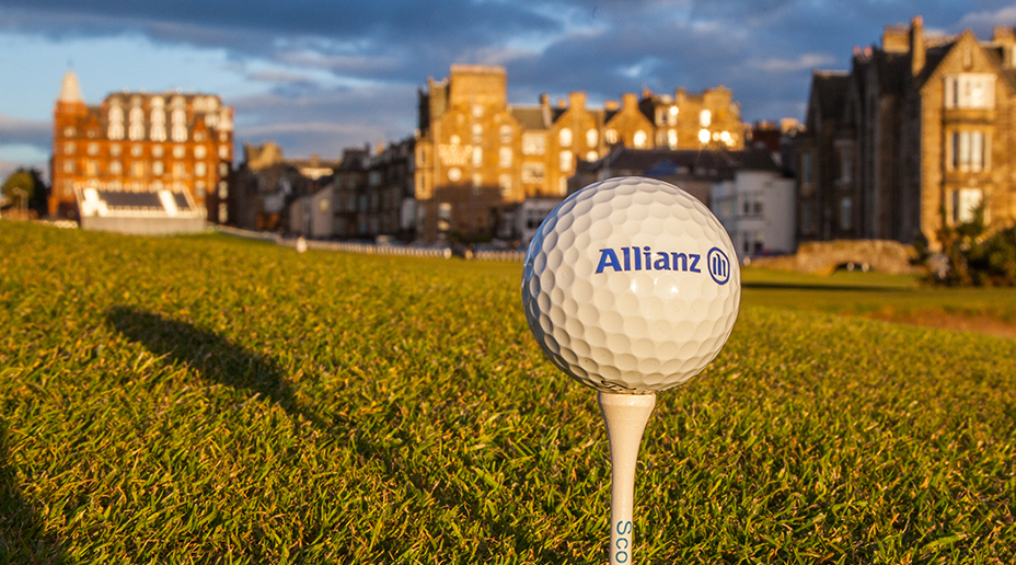 allianz golf ball on tee on an afternoon in scotland