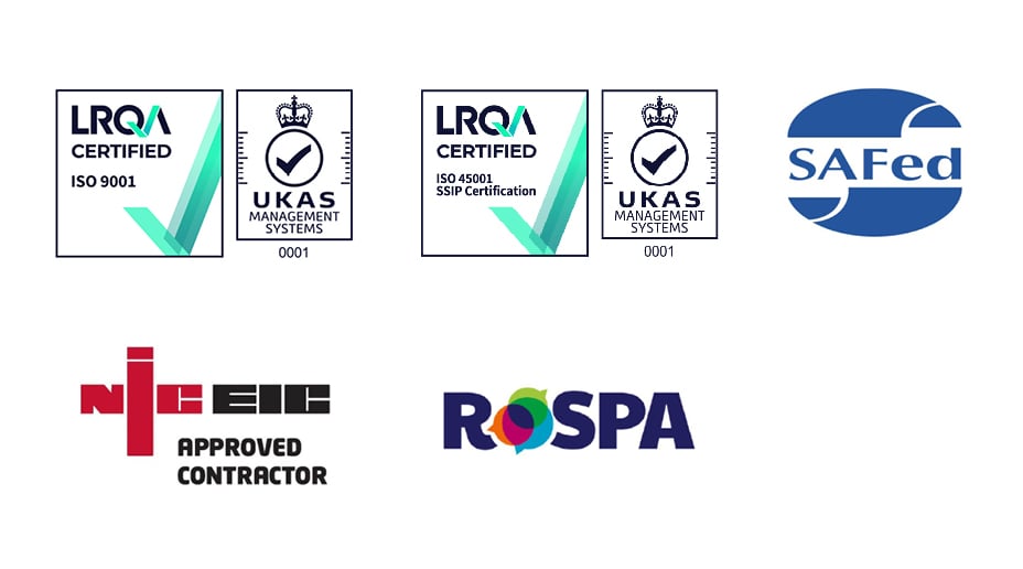 LRQA 9001 Certification, UKAS 0001, LRQA ISO 45001 SSIP Certification, UKAS 0001, NICEIC logo, ROPSA logo