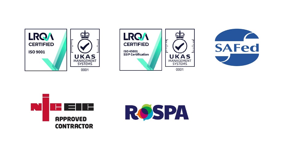 LRQA 9001 Certification, UKAS 0001, LRQA ISO 45001 SSIP Certification, UKAS 0001, NICEIC logo, ROPSA logo