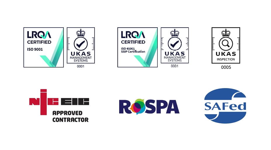 LRQA 9001 Certification, UKAS 0001, LRQA ISO 45001 SSIP Certification, UKAS 0001, NICEIC logo, ROPSA logo