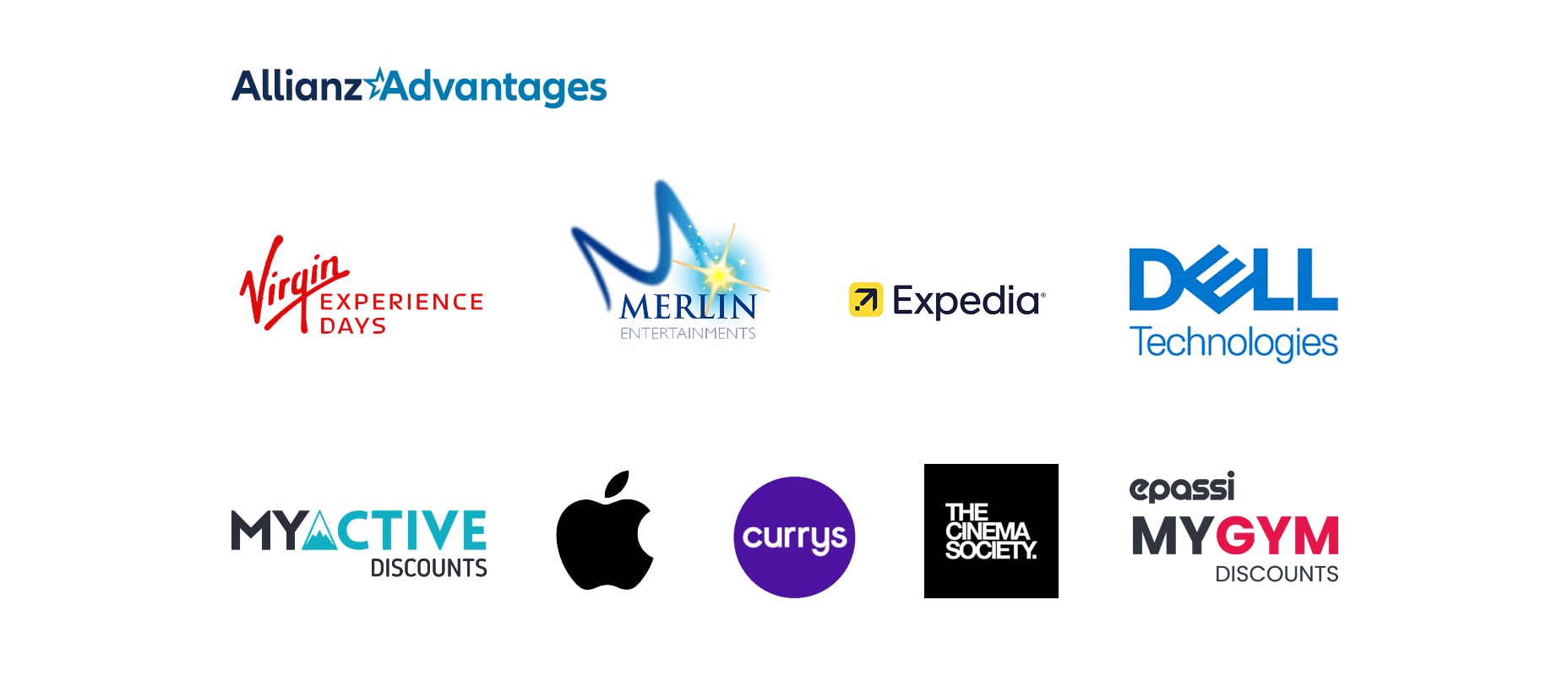 virgin experience days, merlin entertainments, expedia, dell technologies, myactive discounts, apple, currys, the cinema society and epassi my gym discount logos. 