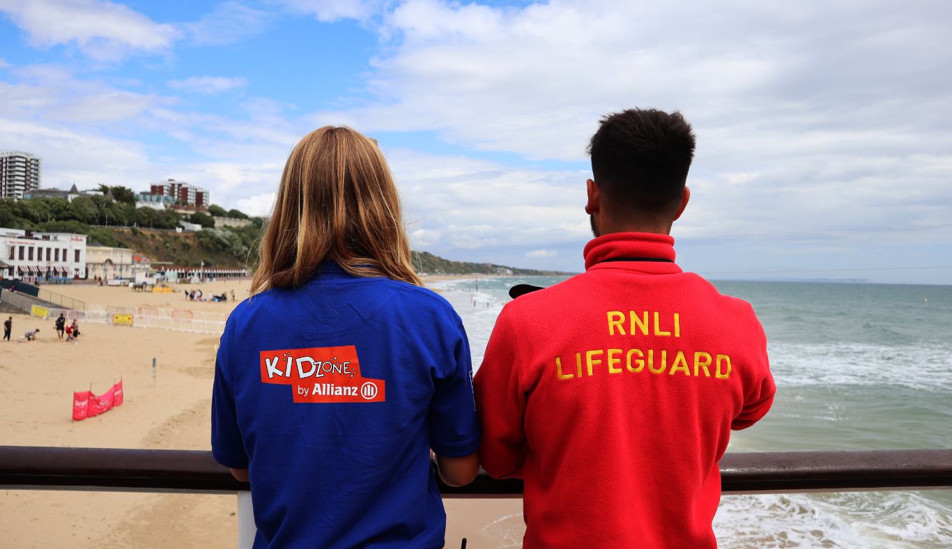 allianz kidzone partnership t-shirt with a lifeguard