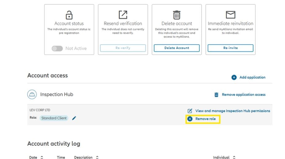 Screenshot  from myAllianz highlighting remove role