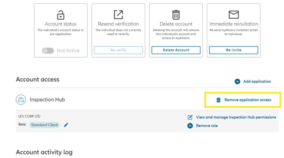 Screenshot  from myAllianz highlighting remove application