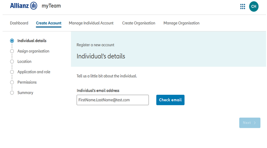 Screenshot from myAllianz on create individual 