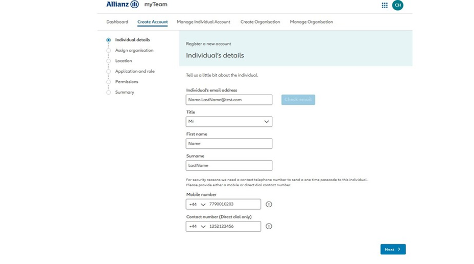 Screenshot from myAllianz entering the email address 