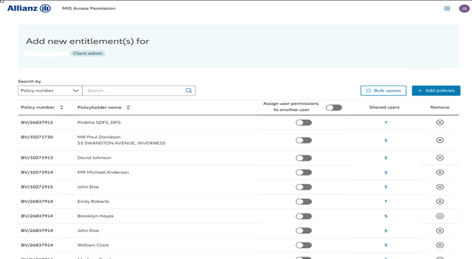 Screenshot from myAllianz of selecting the individual's role from a drop down menu