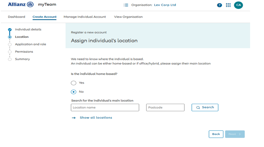 Screenshot from myAllianz of entering details of an individual
