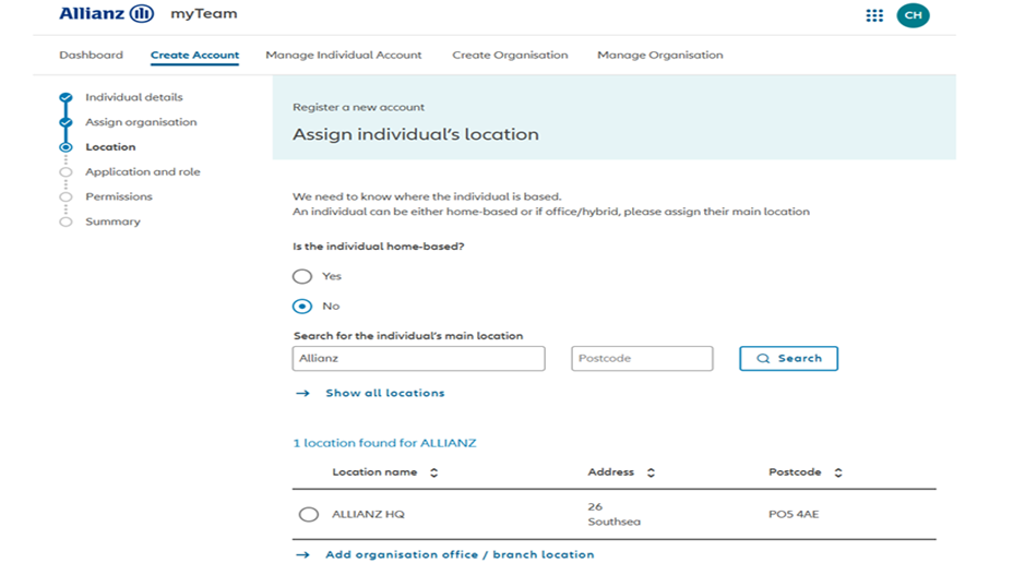 Screenshot from myAllianz of entering details of an individual