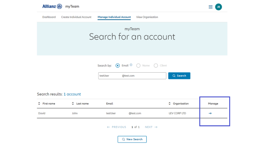 Screenshot of myAllianz manage individual user