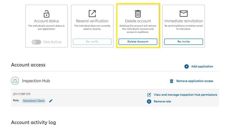 Screenshot  from myAllianz highlighting delete account
