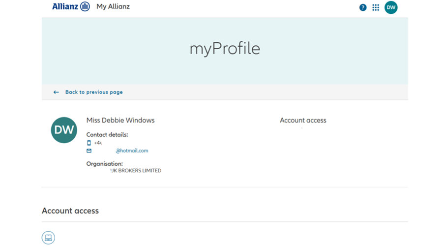 Screenshot from my Allianz of where myProfile can be selected