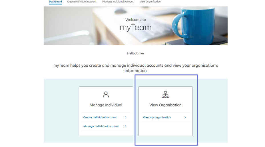 Screenshot from myAllianz of View organisation button