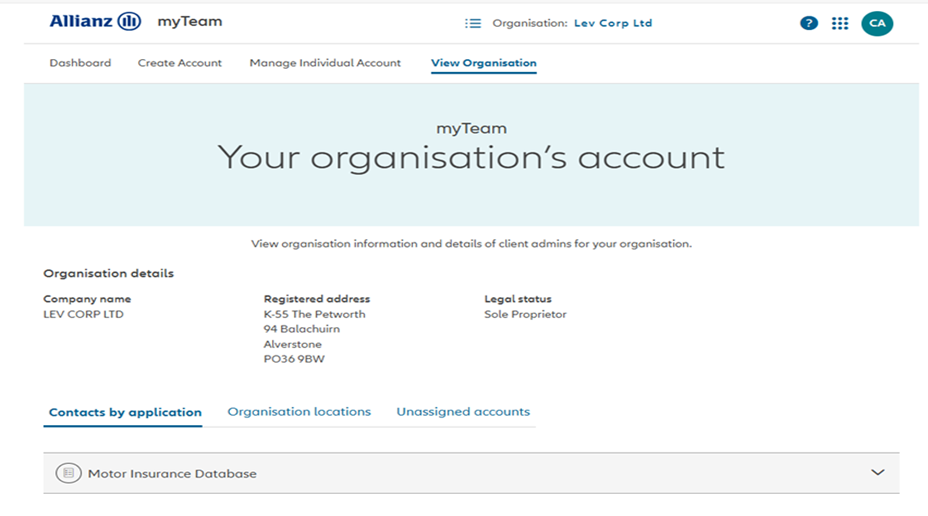 Screenshot from myAllianz of View organisation button
