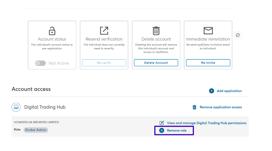 Screenshot  from myAllianz highlighting remove role
