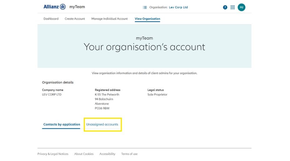 Screenshot  from myAllianz highlighting unassigned accounts
