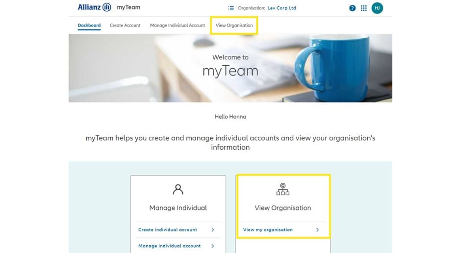 Screenshot  from myAllianz highlighting delete account
