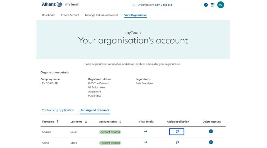 Screenshot  from myAllianz highlighting details of unassigned accounts