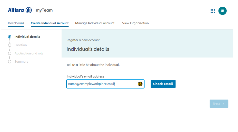 Screenshot from myAllianz entering the email address 