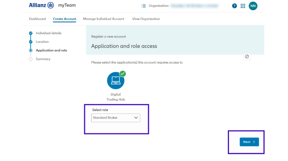 Screenshot from myAllianz of selecting the individual's role from a drop down menu