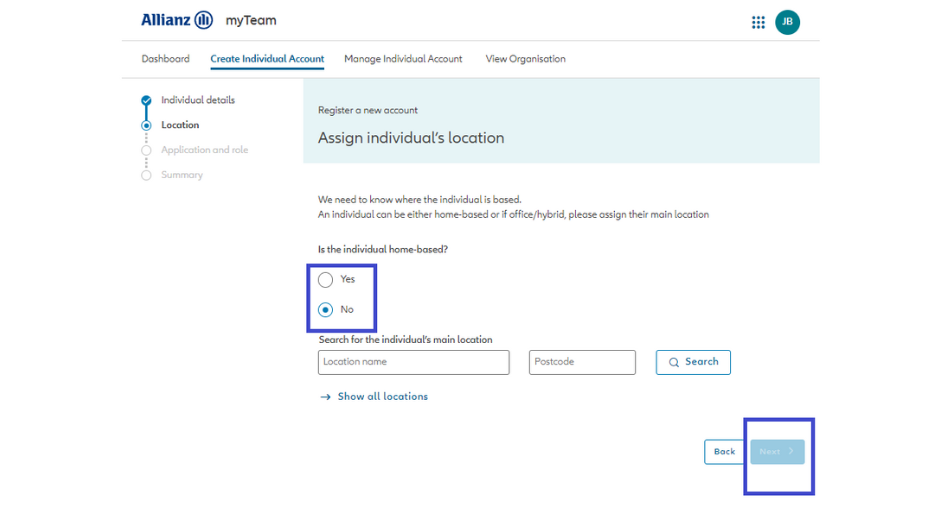 Screenshot from myAllianz of entering details of an individual