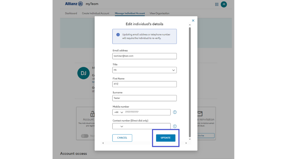 Screenshot  from myAllianz of editing individual details