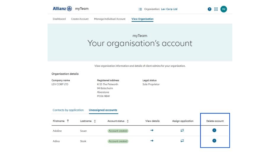 Screenshot  from myAllianz highlighting the x where you can delete an account