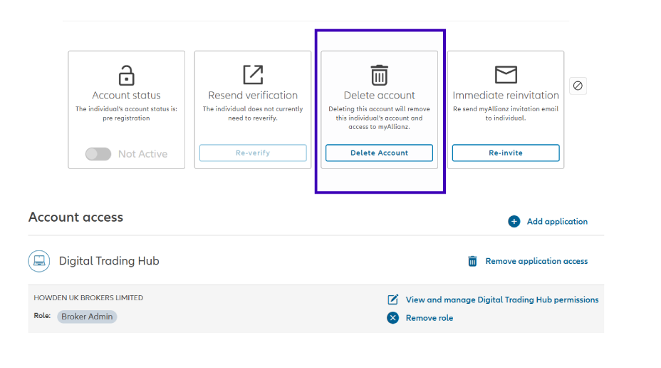 Screenshot  from myAllianz highlighting delete account