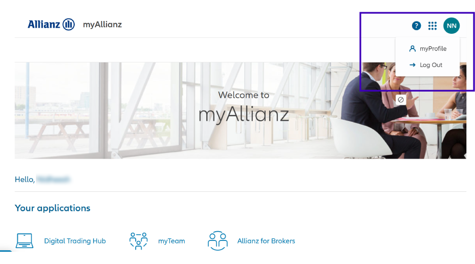 Screenshot from my Allianz of where myProfile and log out can be selected
