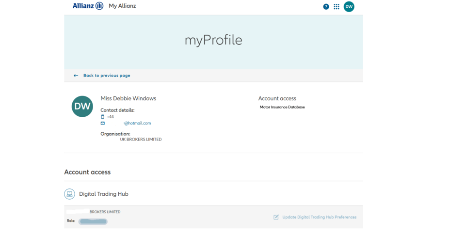 Screenshot from my Allianz of where myProfile can be selected