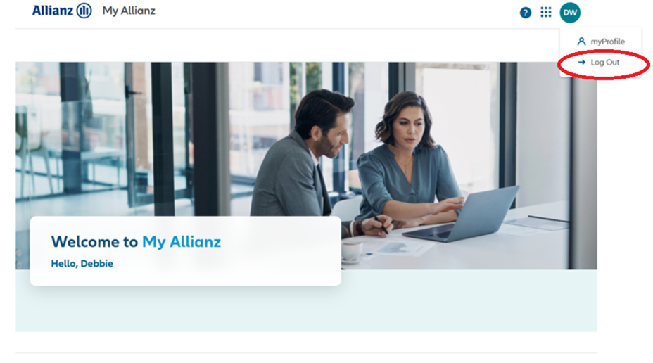 Screenshot from my Allianz of where myProfile and log out can be selected